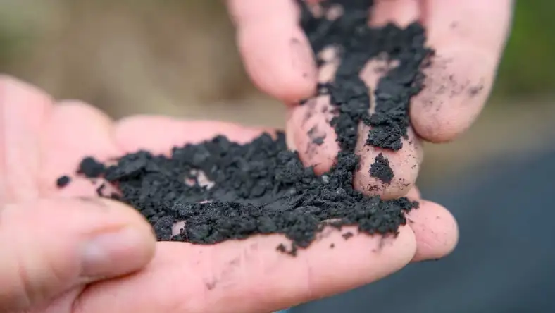 Hands hold and examine dark soil particles in a close-up view during material inspection